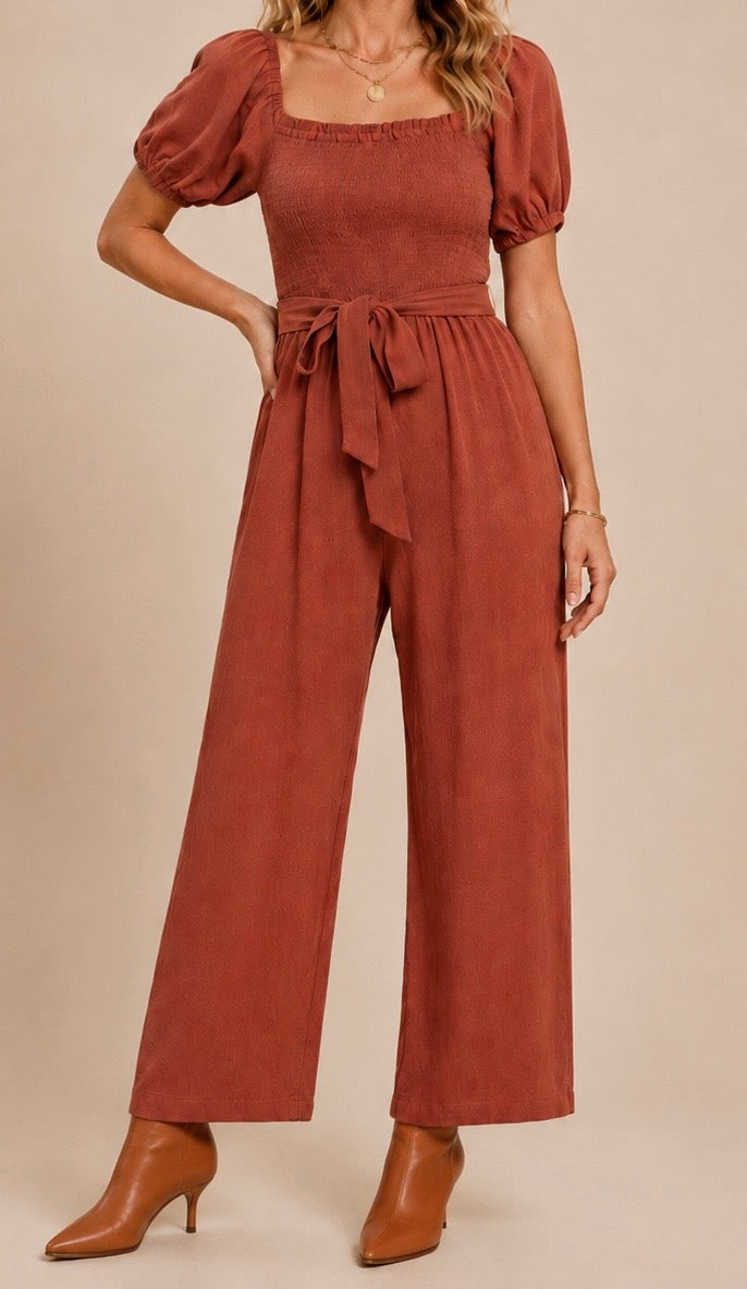 Smocked Puff-Sleeve Jumpsuit