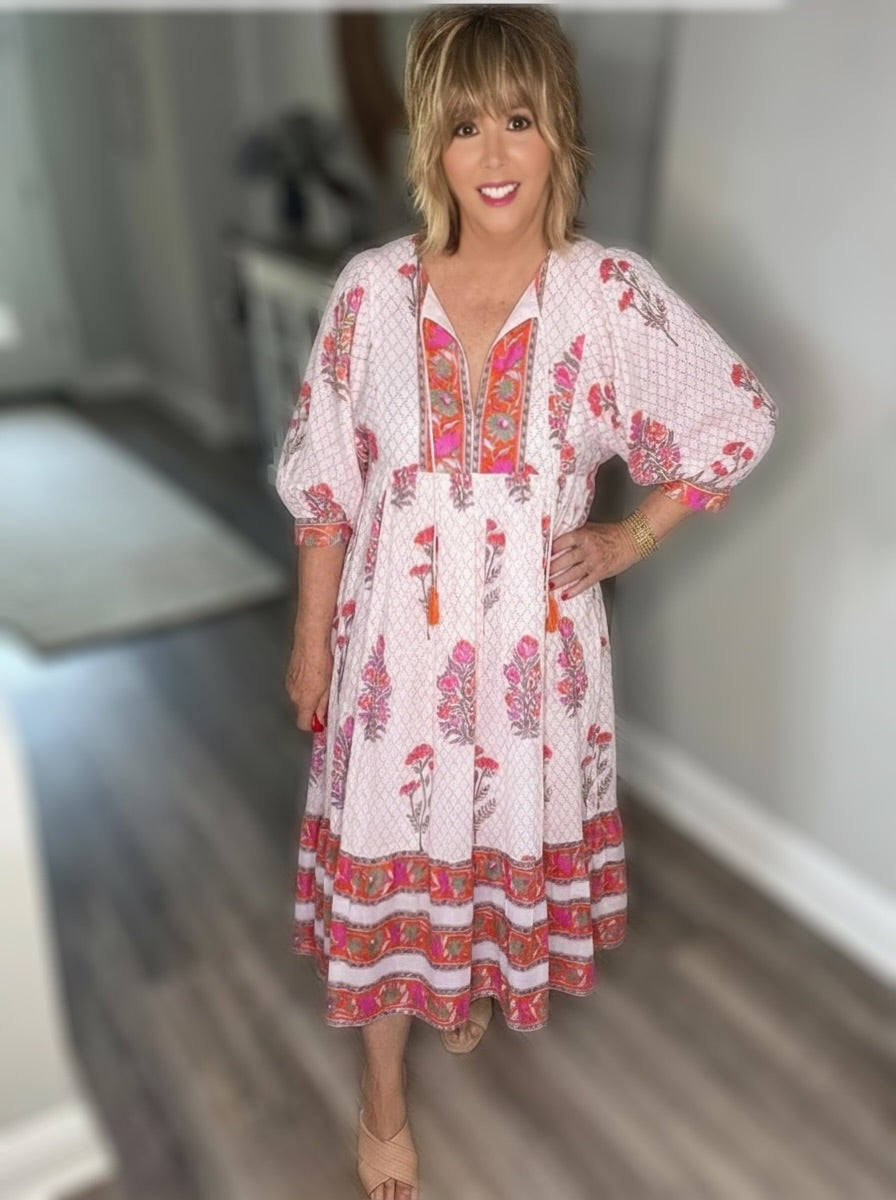 Mylah Midi Dress - White-Orange