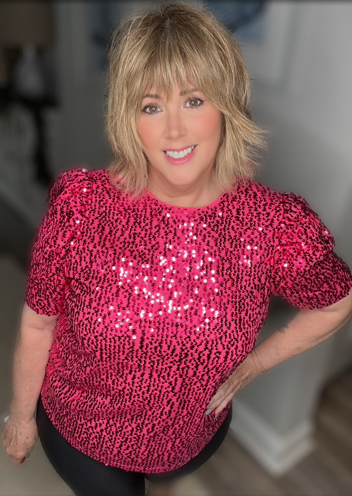 Sequin Glam Top-Fuschia