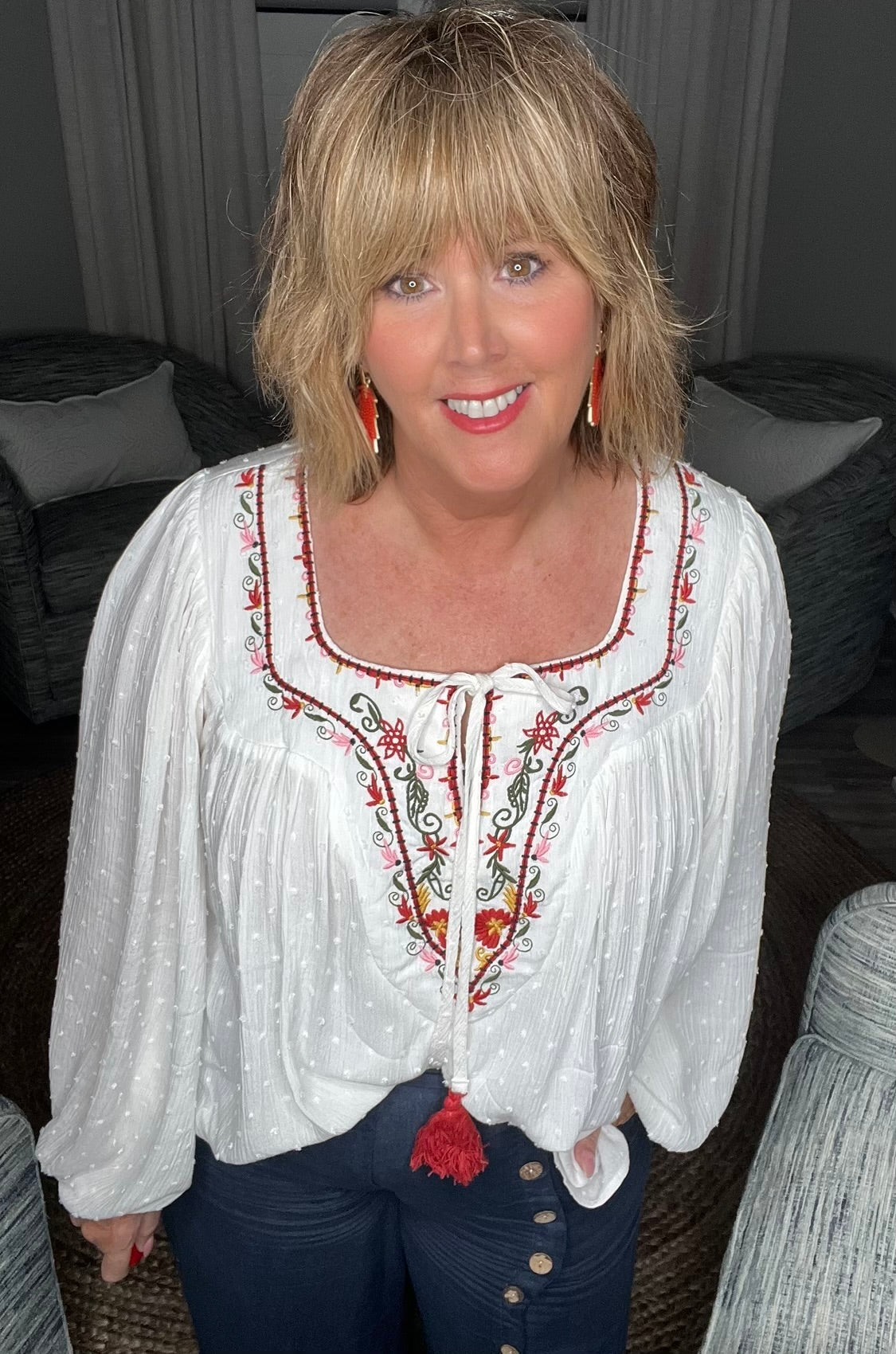 The Vista Square Tie Neck with Tassel Embroidered Bohemian Top