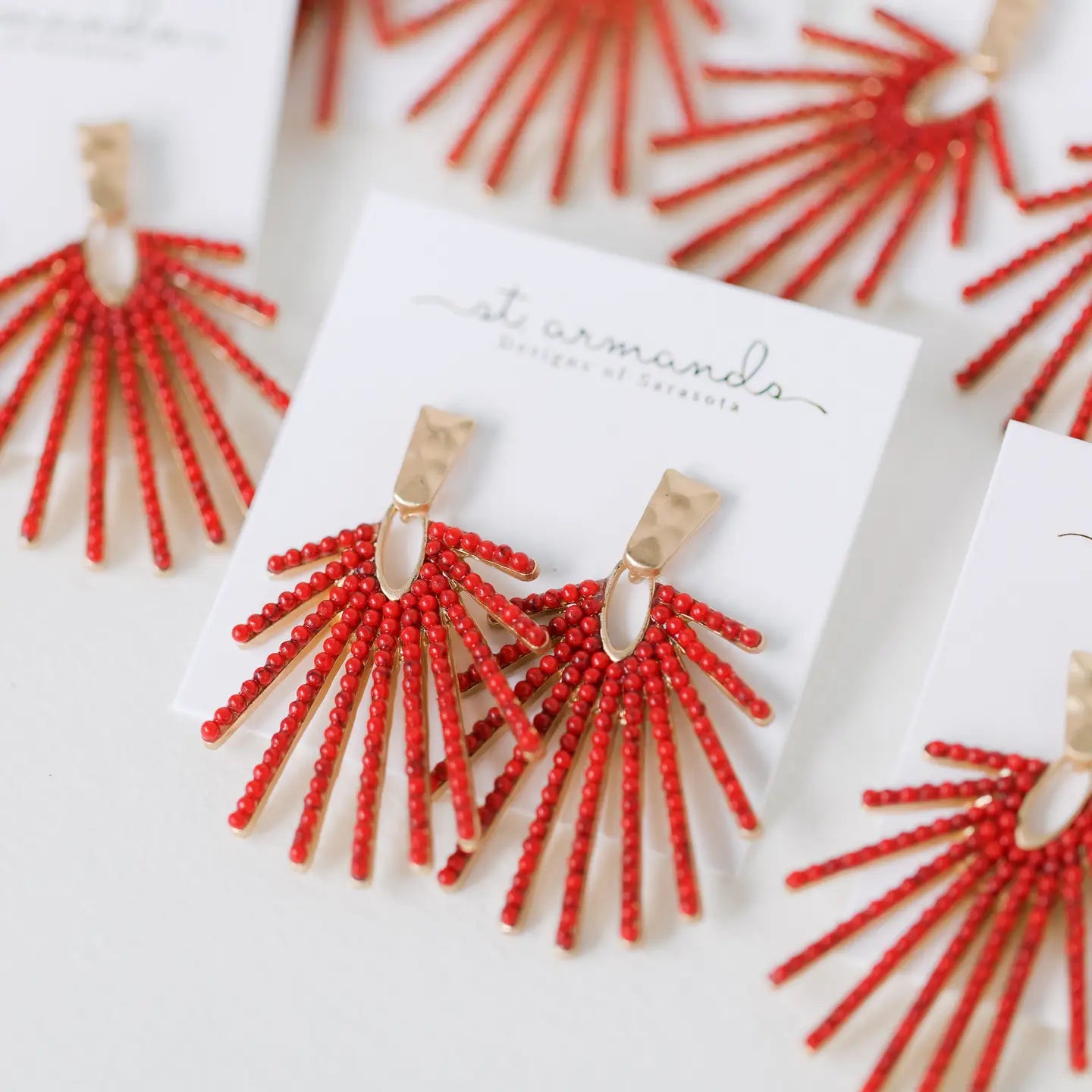 Red Sunburst Statement Drop Earrings