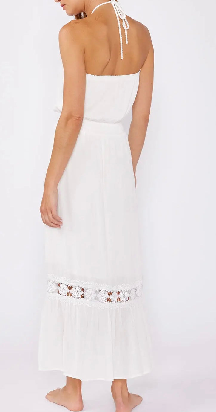 Eyelet Embroidered Smocked Halter Maxi Dress