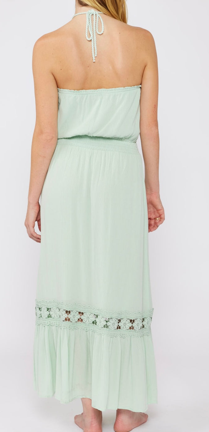 Dusty Sage Eyelet Embroidered Smocked Halter Maxi Dress