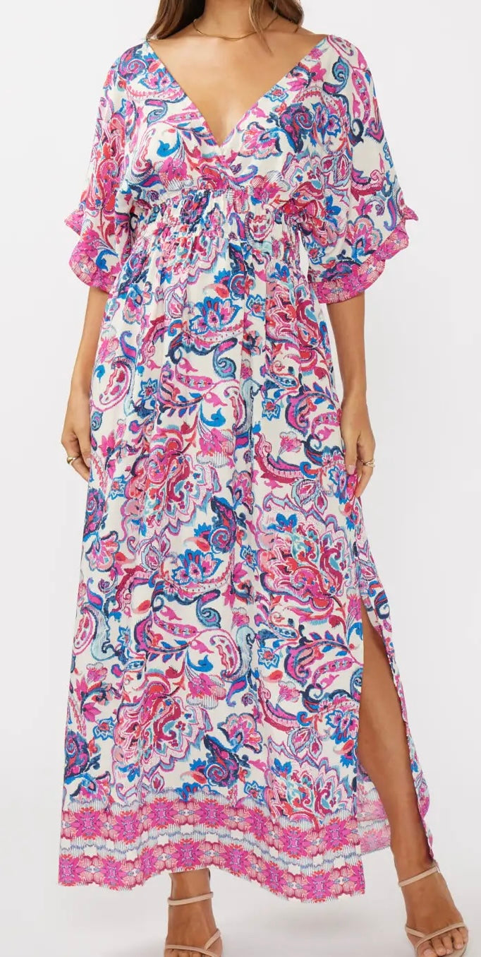 Floral Kimono Sleeve Smocked Waist Maxi Dress