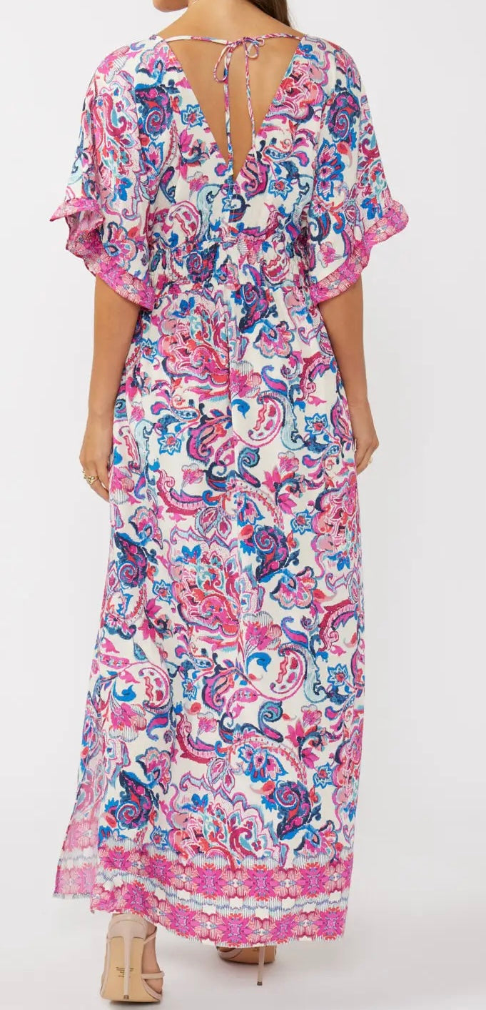 Floral Kimono Sleeve Smocked Waist Maxi Dress