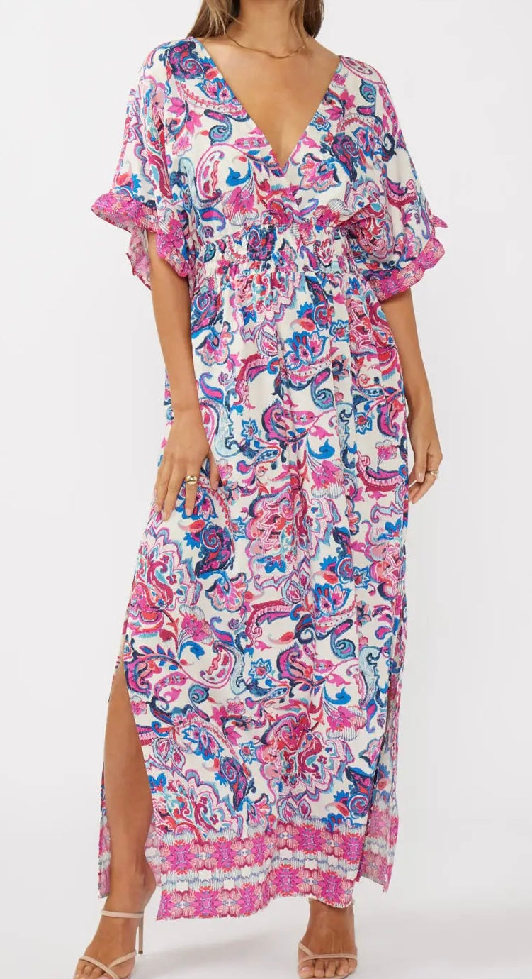 Floral Kimono Sleeve Smocked Waist Maxi Dress