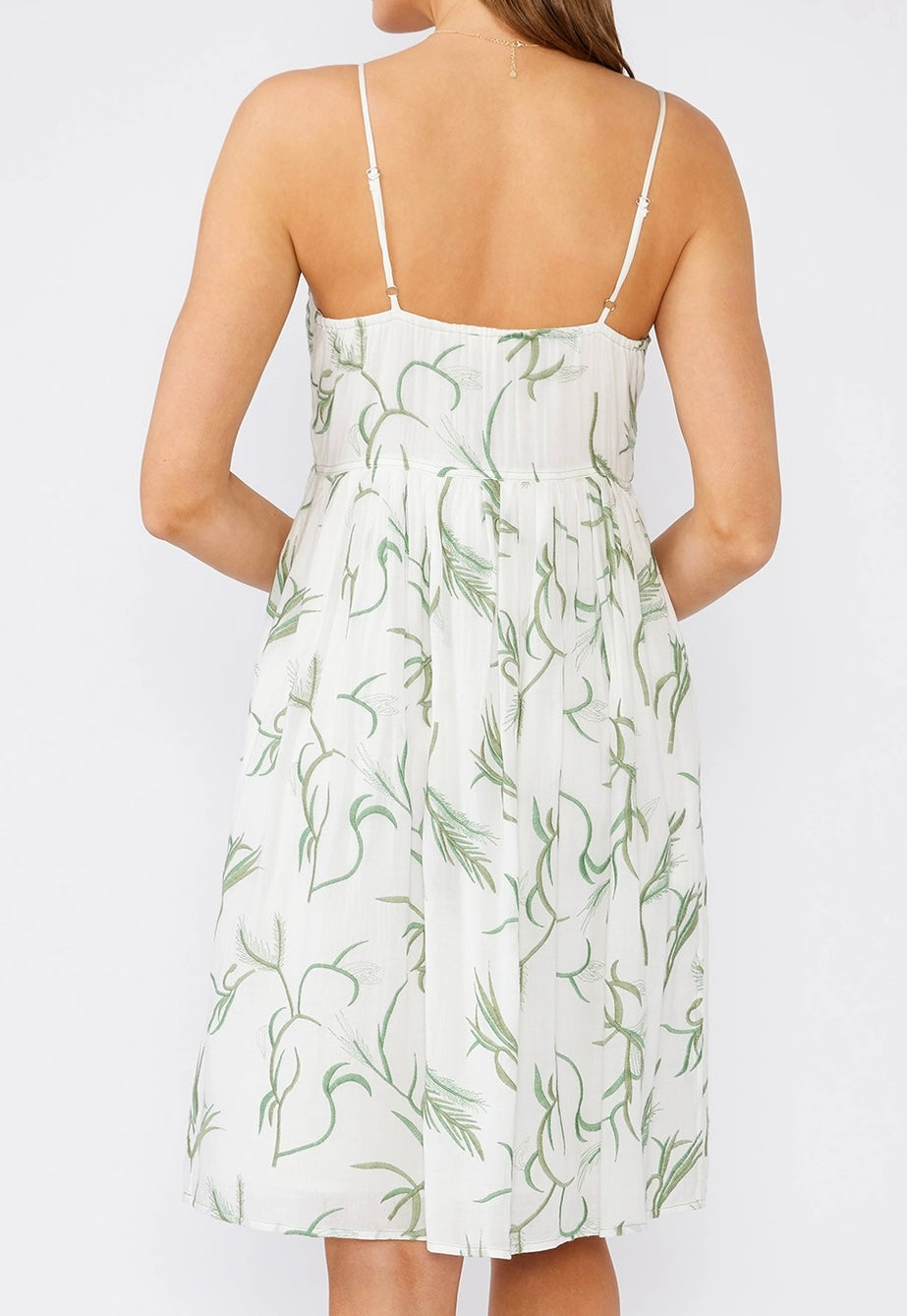 The Palm Dress—Embroidered, Spaghetti Strap White Empire Dress