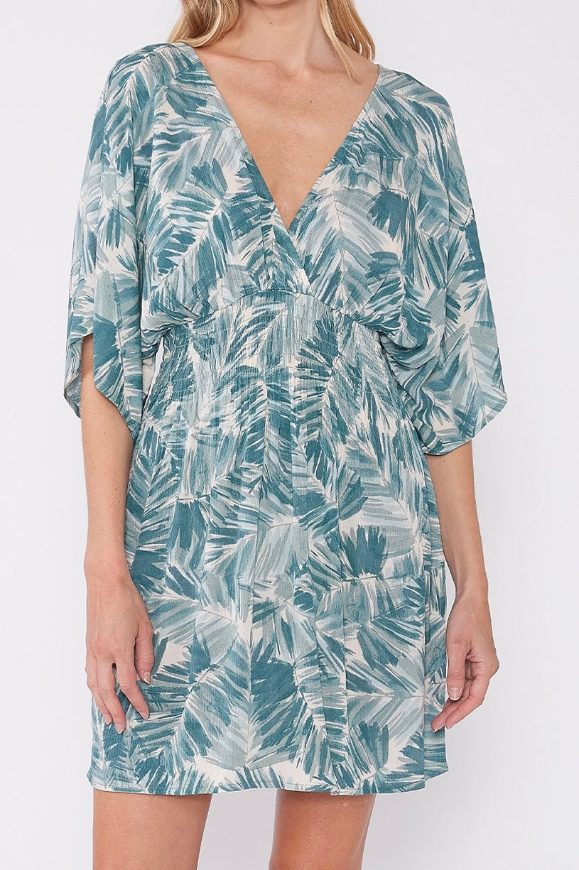 Tropical Kimono Sleeve Smocked Mini Dress