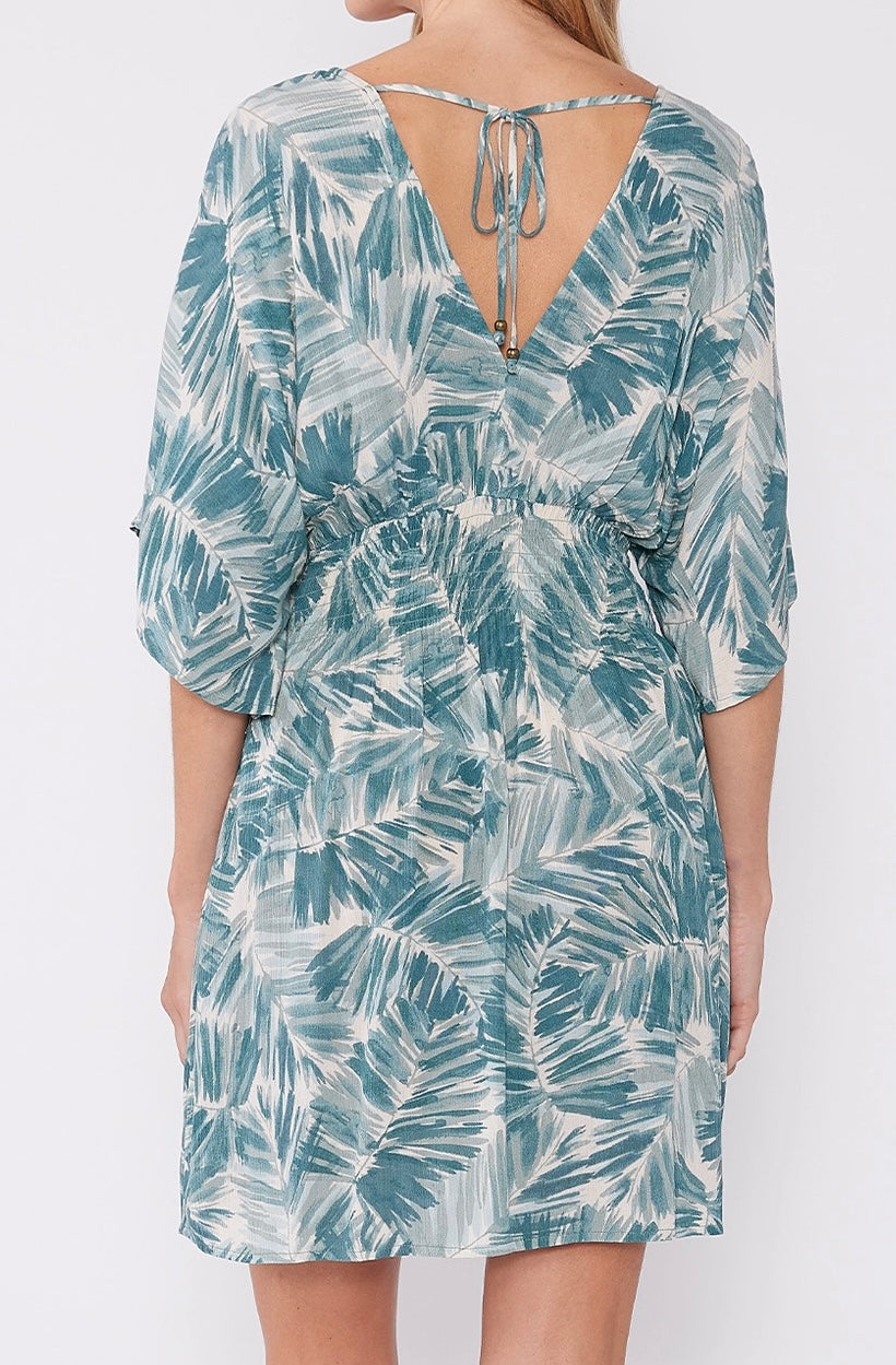 Tropical Kimono Sleeve Smocked Mini Dress