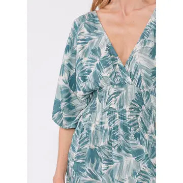 Tropical Kimono Sleeve Smocked Mini Dress