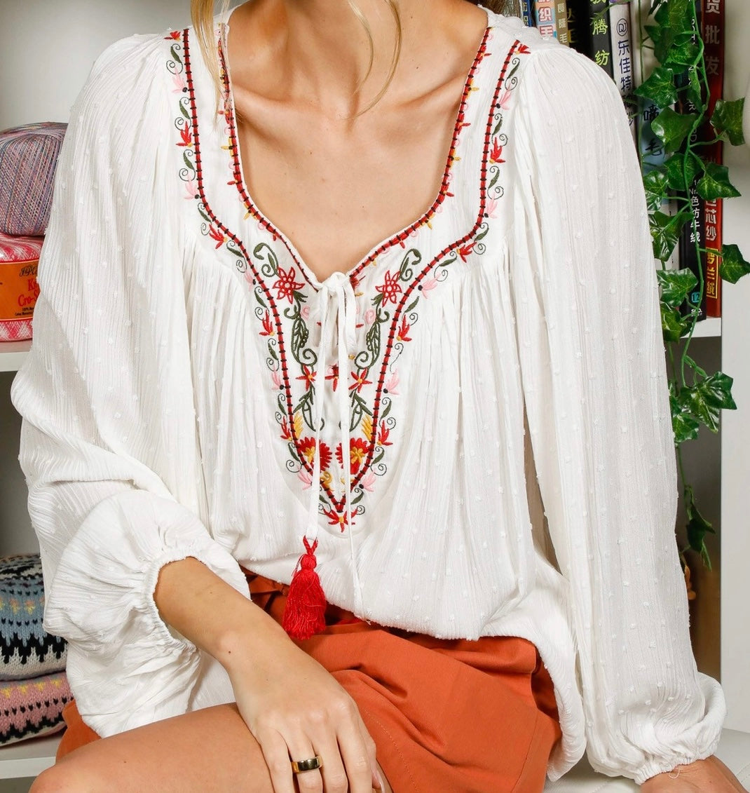 The Vista Square Tie Neck with Tassel Embroidered Bohemian Top