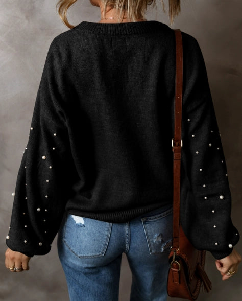 Pearled Drop Shoulder Round Neck Sweater-Black