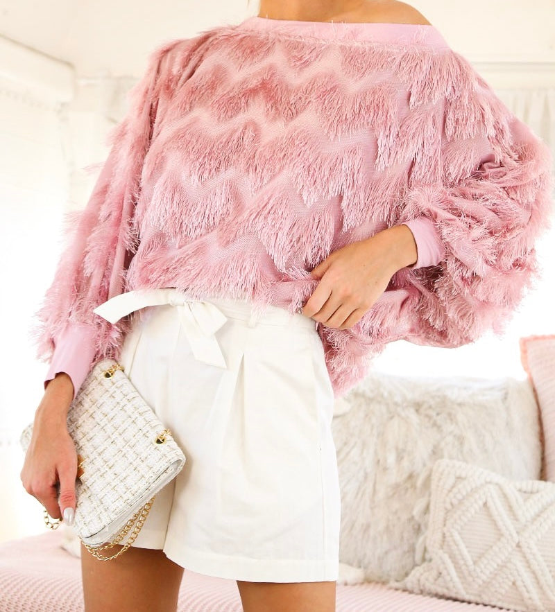 Fringe Embellished Detail Boatneck Blouse Top-Blush