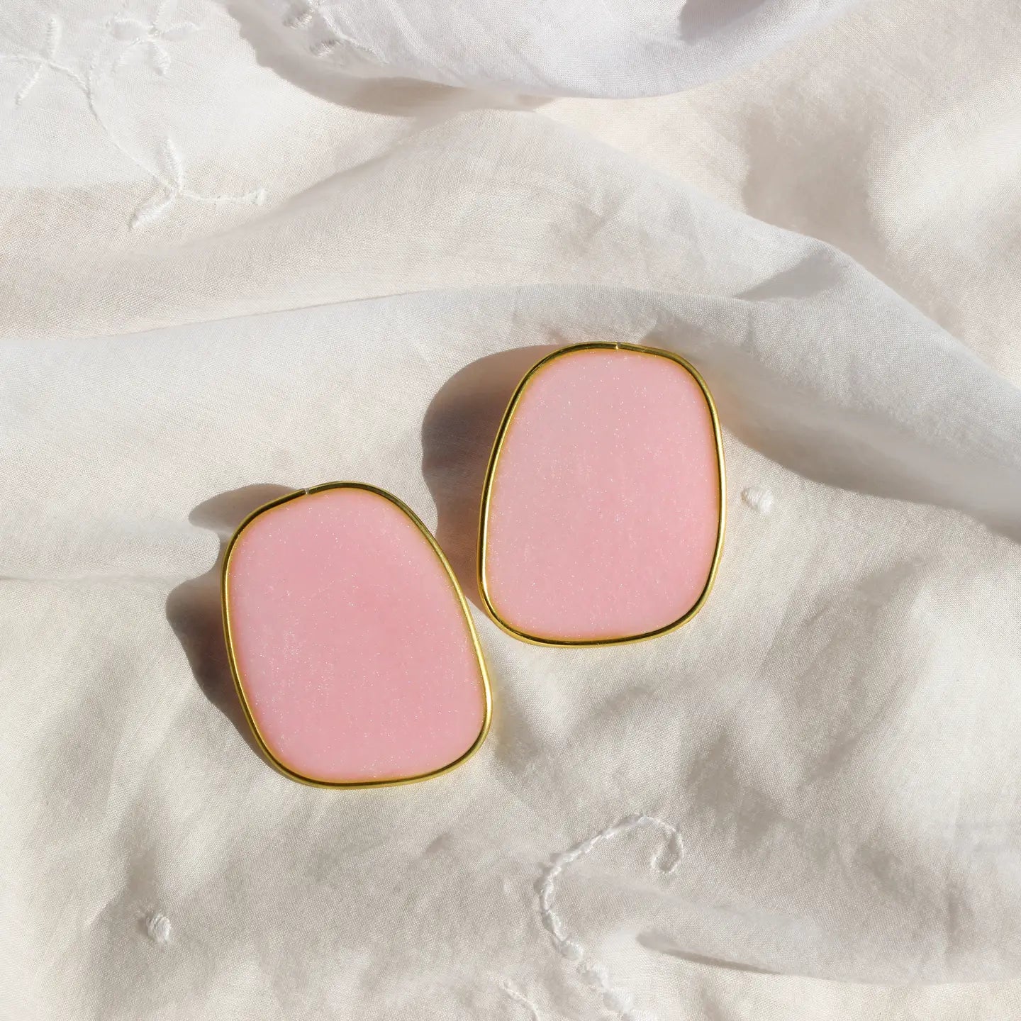 Large Pink Lightweight Handmade Resin Statement Earrings Gold Trim