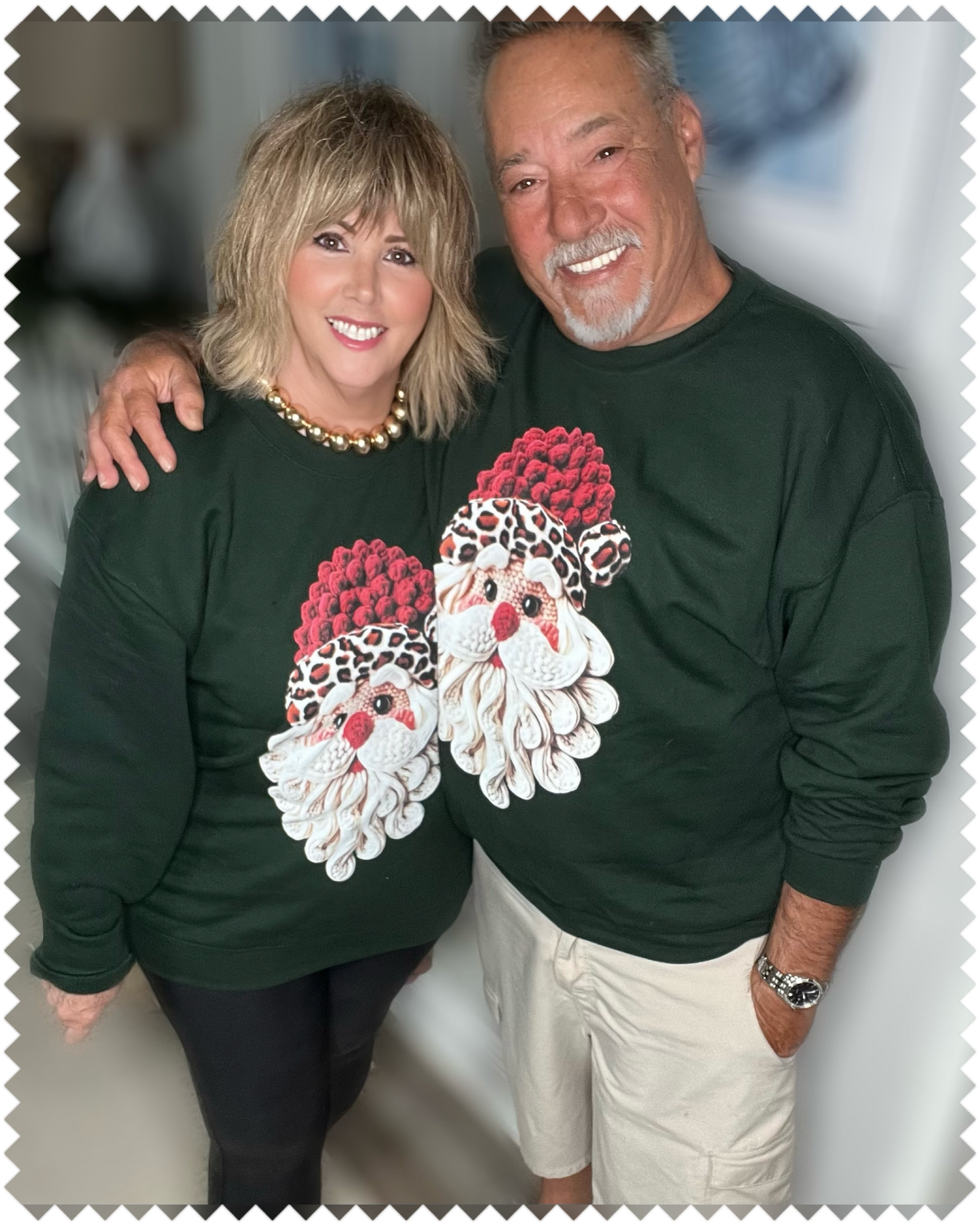 Printed Design Leopard Santa Sweatshirt-Forest Green