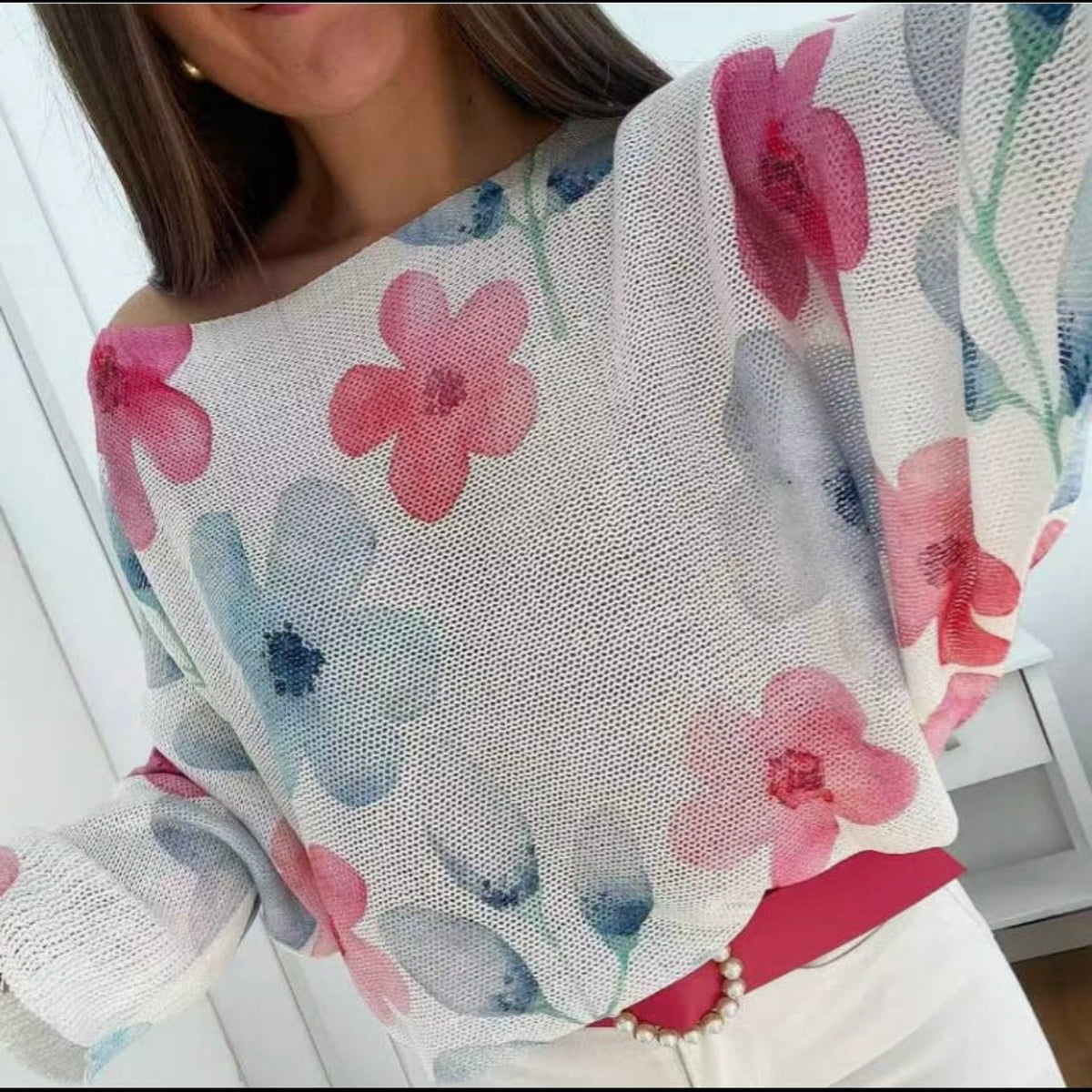 Floral Wide-Neck Lightweight Knit Sweater