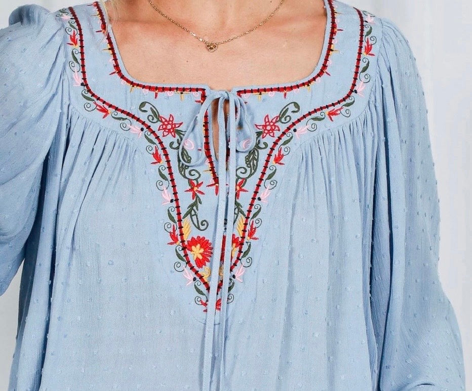The Vista Square Tie Neck with Tassel Embroidered Bohemian Top