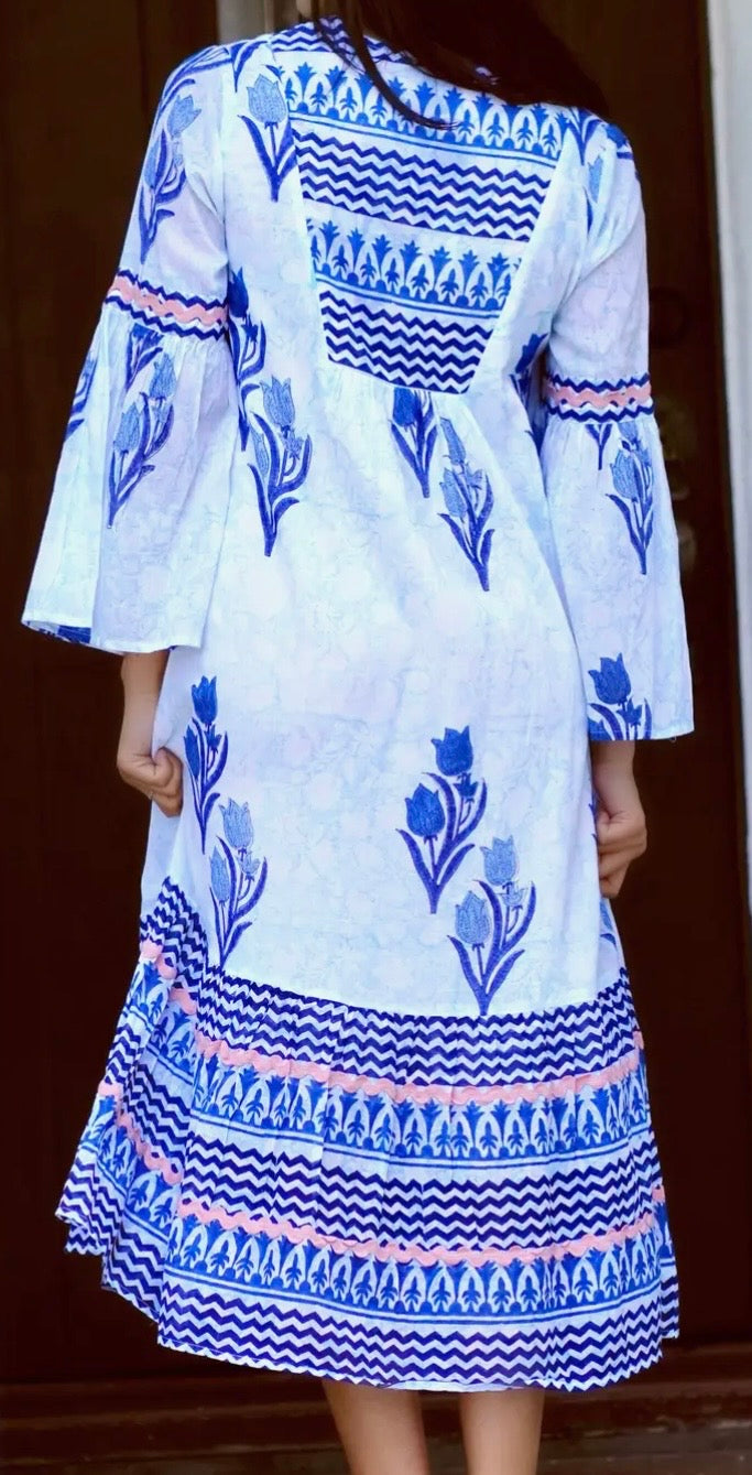 Frances Hand Block Printed Dress Navy Floral