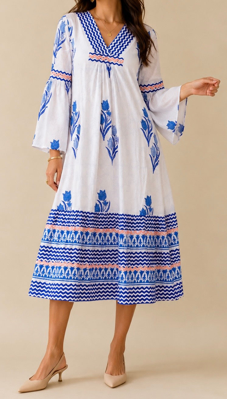 Frances Hand Block Printed Dress Navy Floral