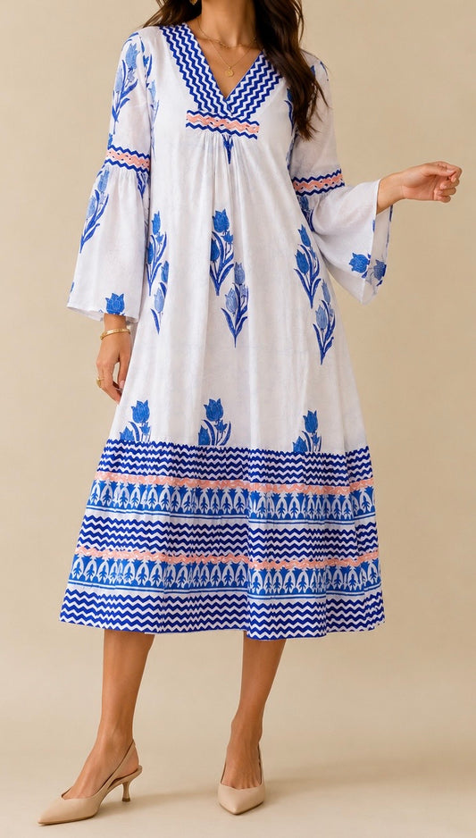 Frances Hand Block Printed Dress Navy Floral