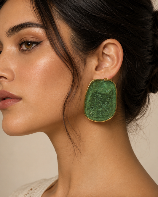 Large Green Lightweight Handmade Resin Statement Earrings Gold Trim