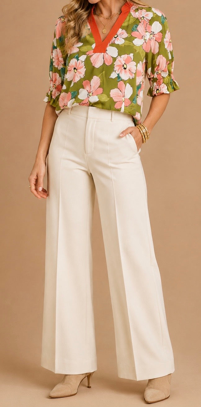 Contrast Trim Floral Half Sleeve Top
