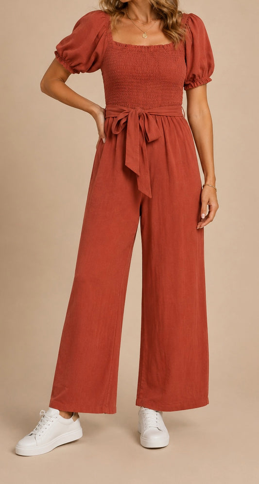 Smocked Puff-Sleeve Jumpsuit