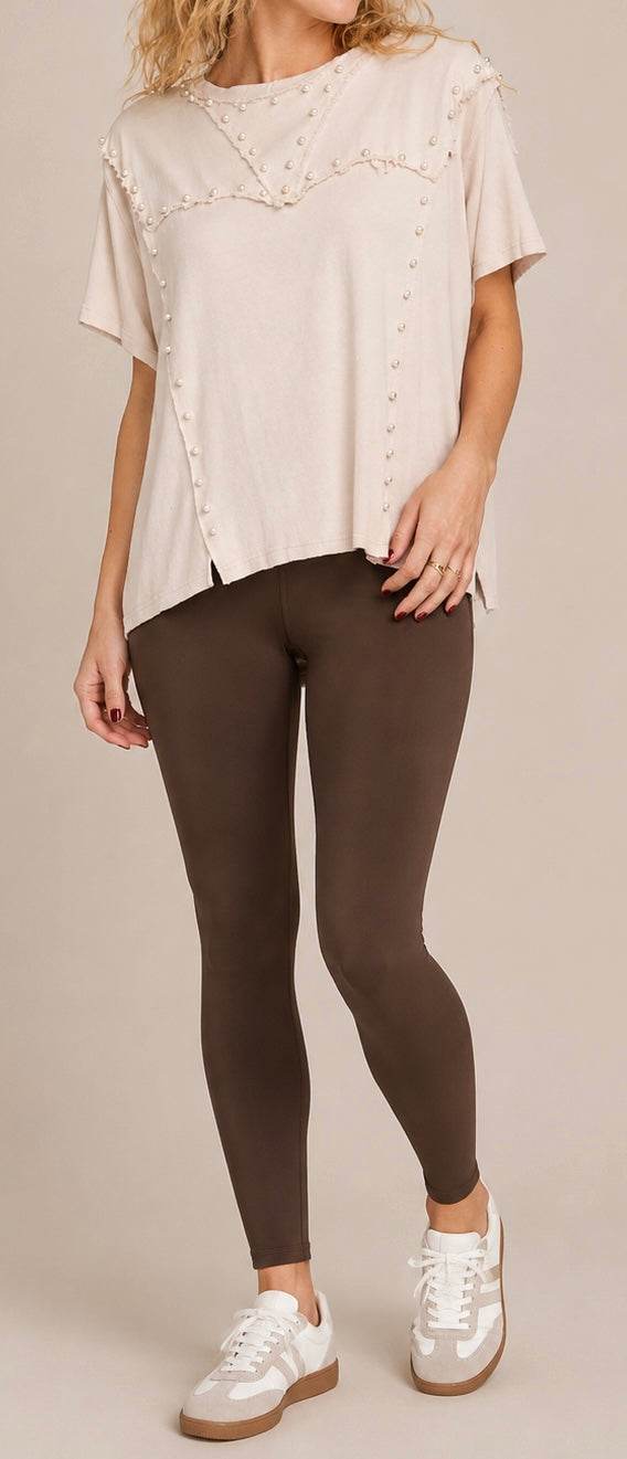 Oversize 1/2 Sleeve Pearl and Slit Detail Ribbed Top-Cream
