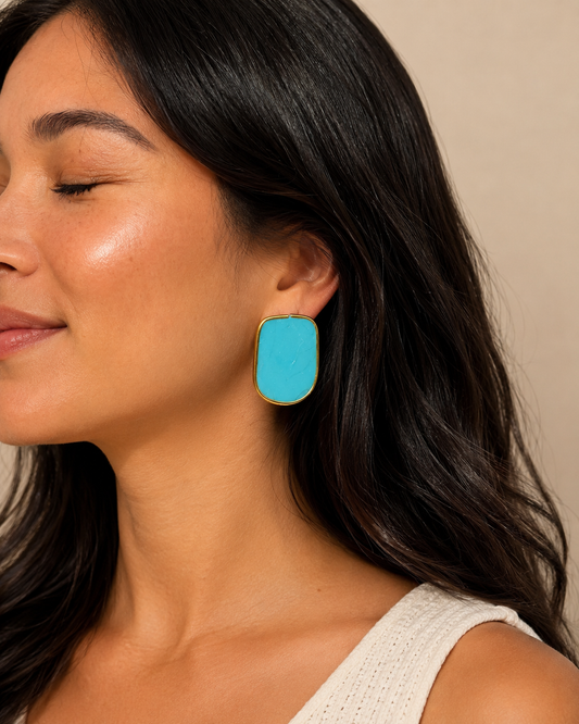 Medium Blue Handmade Lightweight Resin Statement Earrings Gold Trim