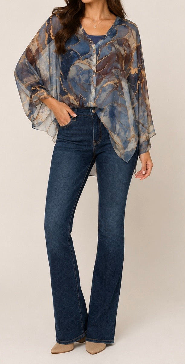 The Marbella Silk Blouse w/tank-Navy