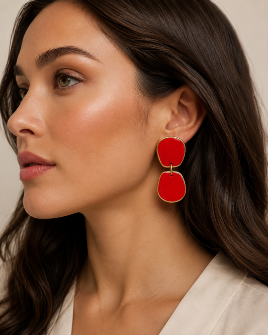 Dangle Red Handmade Lightweight Resin Statement Earrings w/ Gold