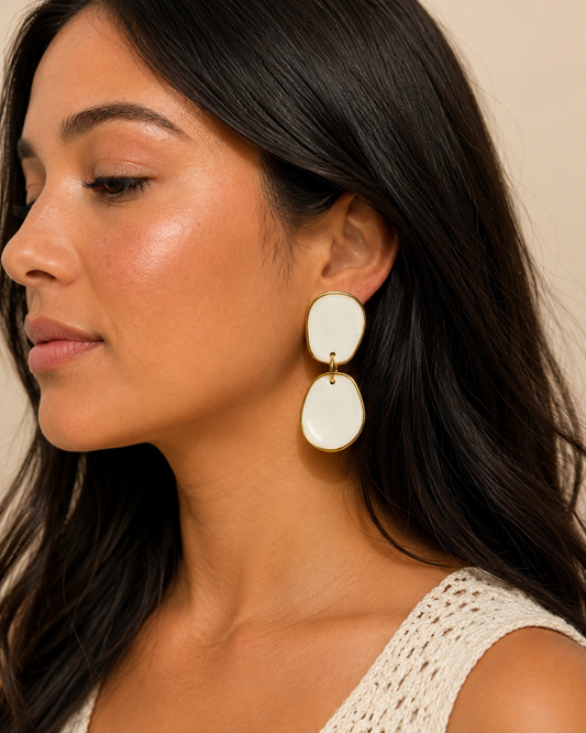 Dangle White Handmade Lightweight Resin Statement Earrings w/ Gold