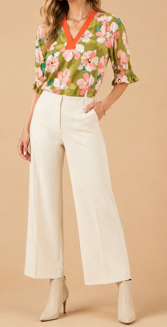 Contrast Trim Floral Half Sleeve Top