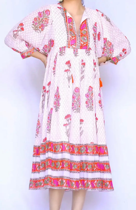 Mylah Midi Dress - White-Orange