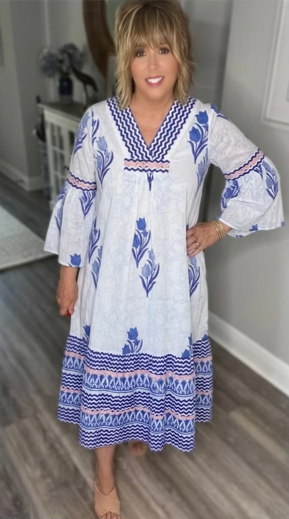 Frances Hand Block Printed Dress Navy Floral