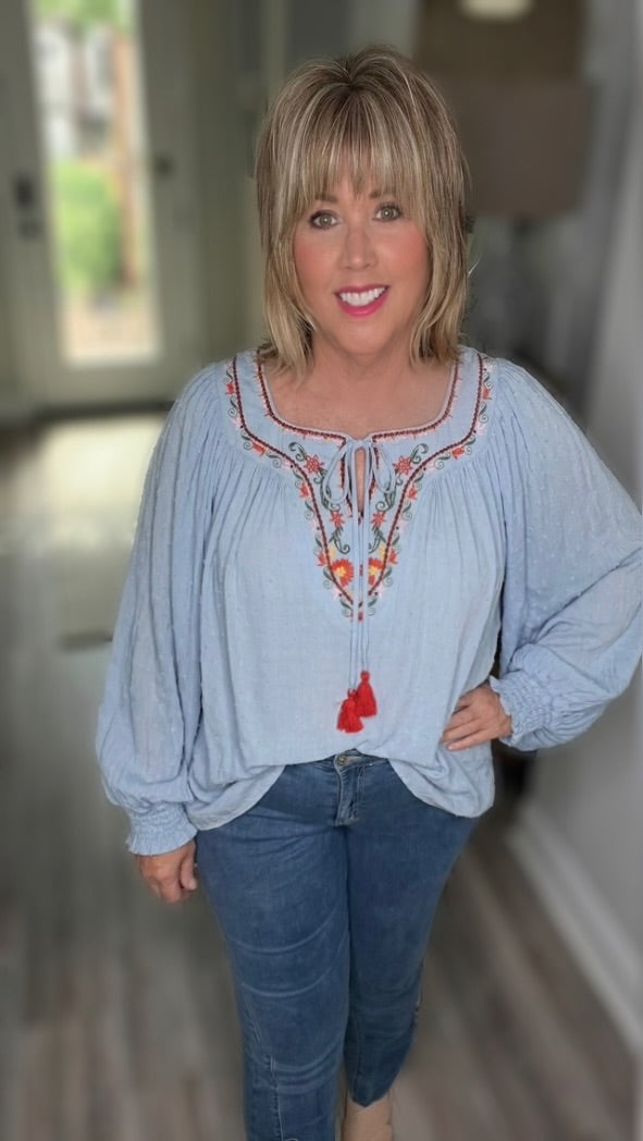 The Vista Square Tie Neck with Tassel Embroidered Bohemian Top