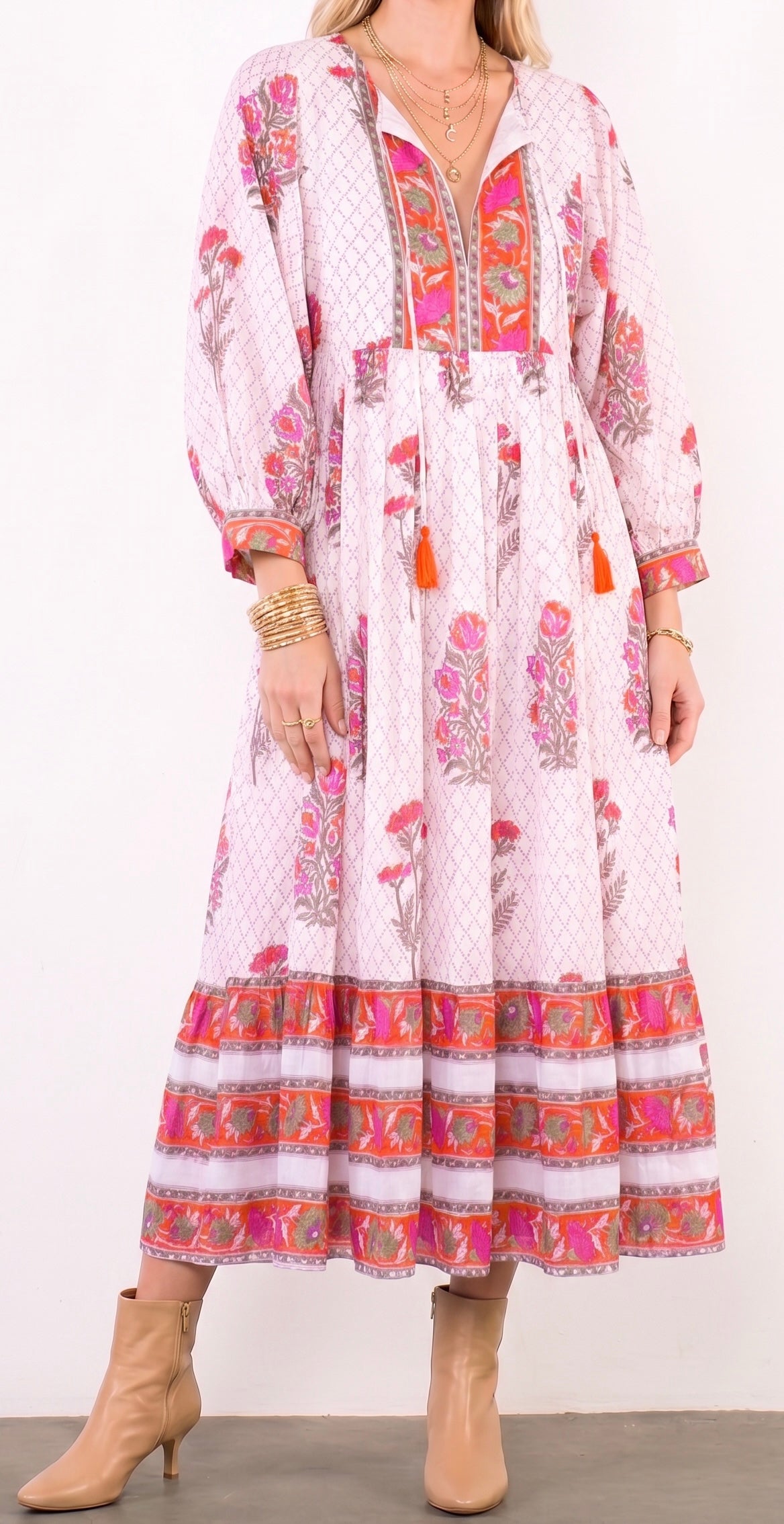 Mylah Midi Dress - White-Orange