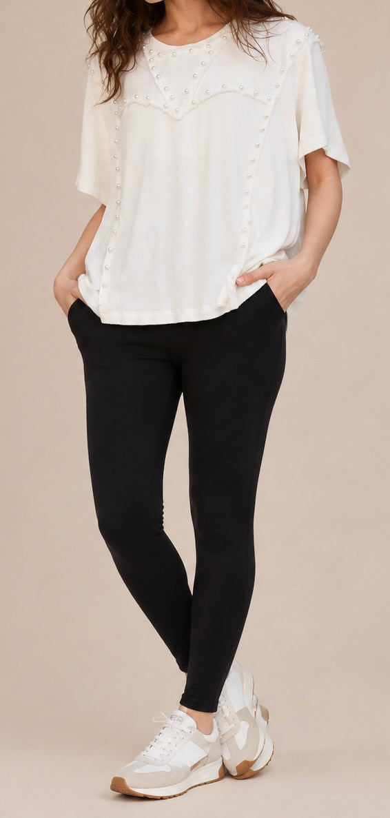 Oversize 1/2 Sleeve Pearl and Slit Detail Ribbed Top-White