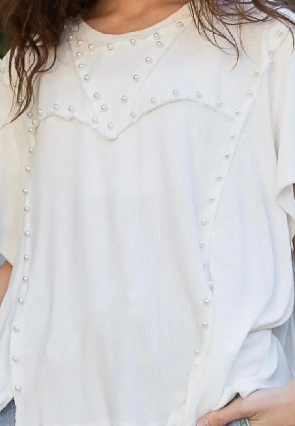 Oversize 1/2 Sleeve Pearl and Slit Detail Ribbed Top-White