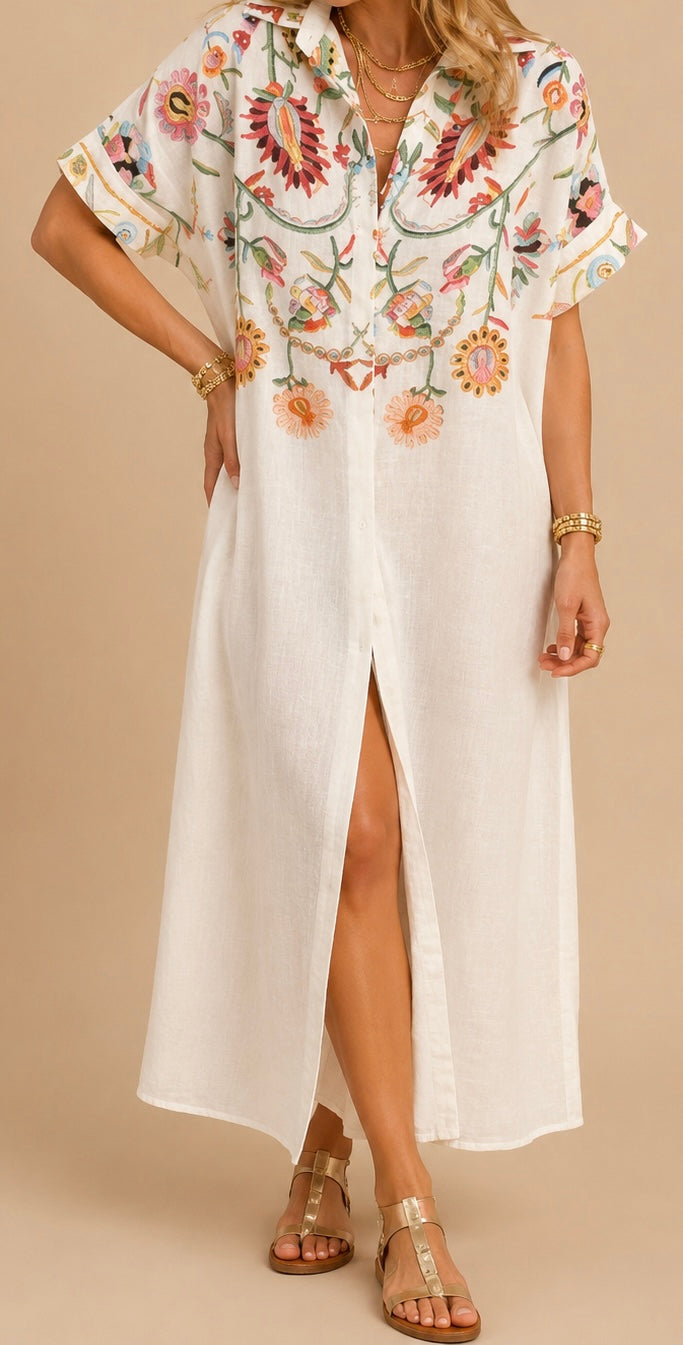 Cotton Oversized Printed Shirt Dress White