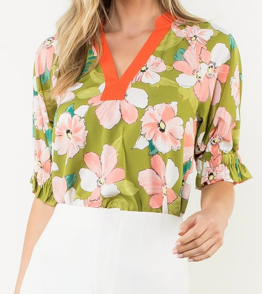 Contrast Trim Floral Half Sleeve Top