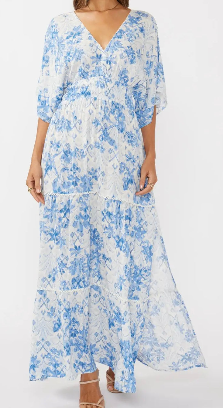 Double V-Neck Kimono Sleeve Maxi Dress