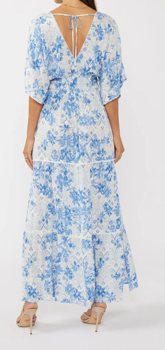 Double V-Neck Kimono Sleeve Maxi Dress