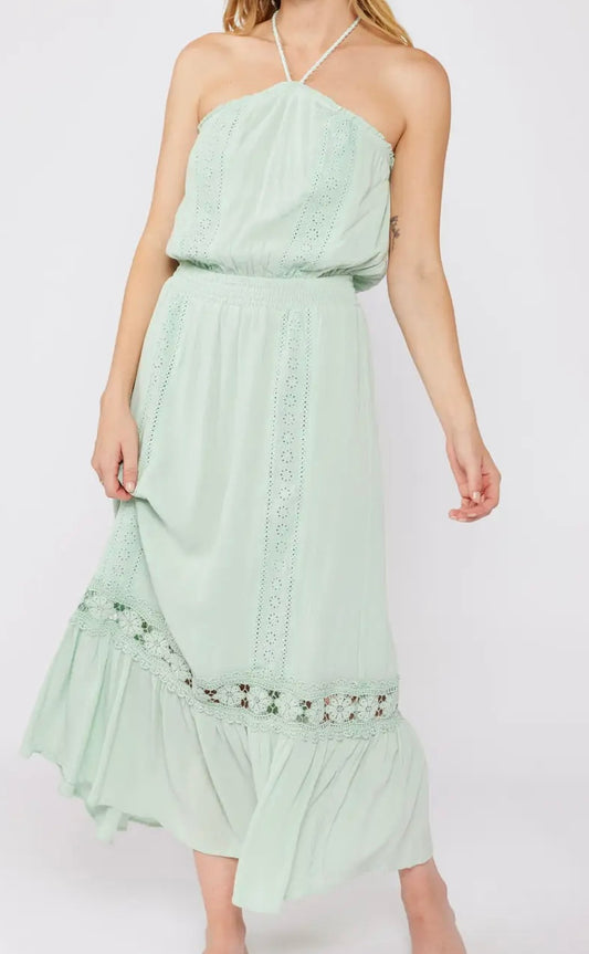 Dusty Sage Eyelet Embroidered Smocked Halter Maxi Dress