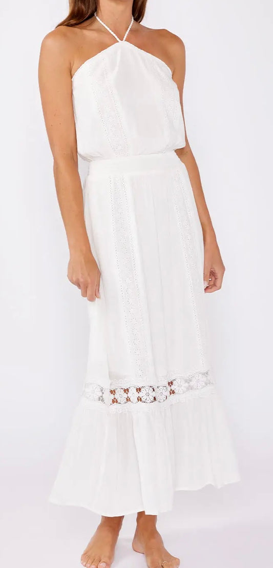Eyelet Embroidered Smocked Halter Maxi Dress