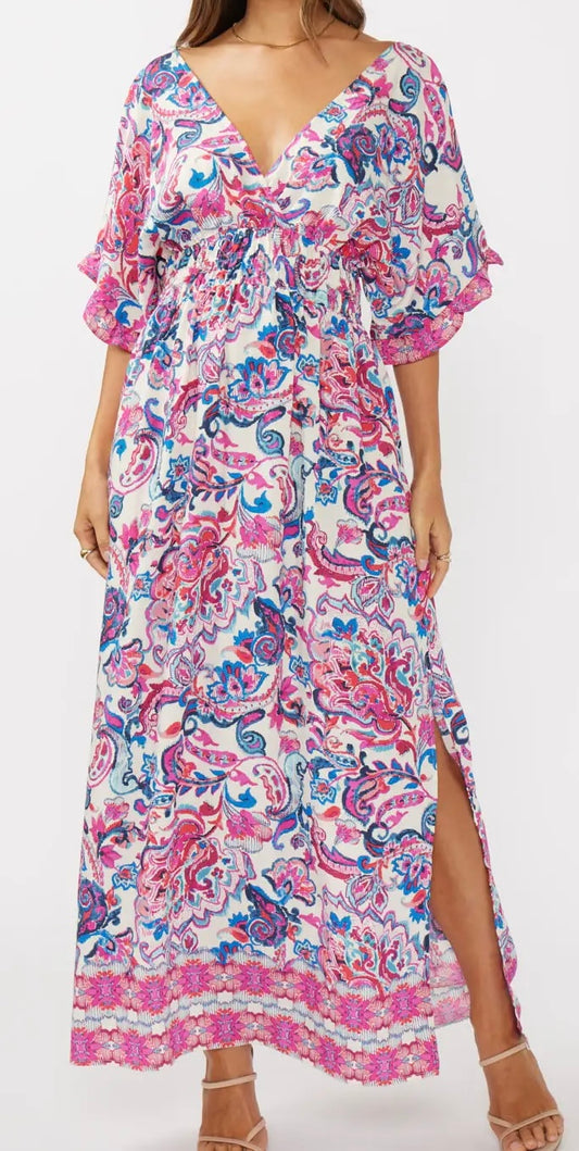 Floral Kimono Sleeve Smocked Waist Maxi Dress