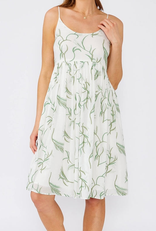 The Palm Dress—Embroidered, Spaghetti Strap White Empire Dress