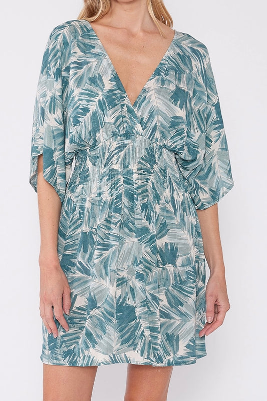 Tropical Kimono Sleeve Smocked Mini Dress