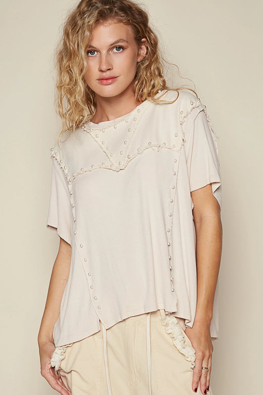 Oversize 1/2 Sleeve Pearl and Slit Detail Ribbed Top