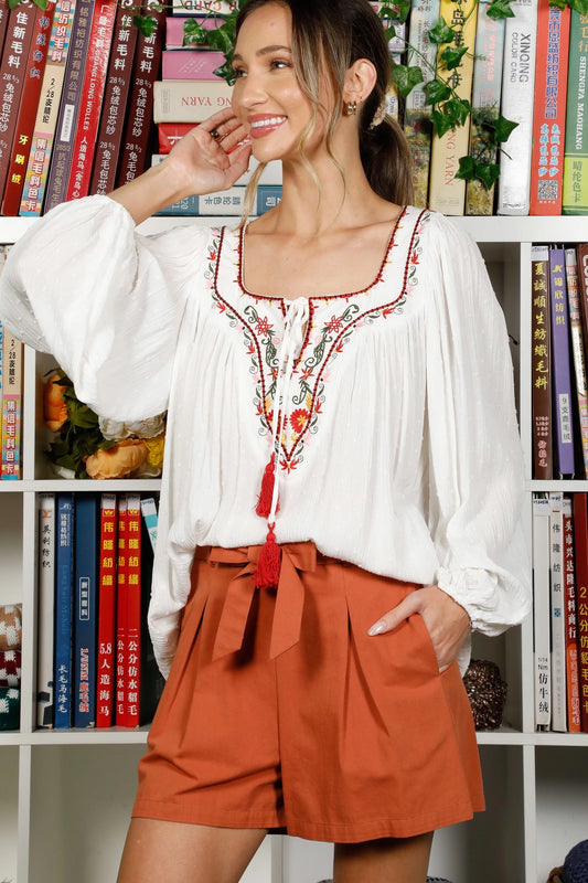 Square Tie Neck with Tassel Embroidered Bohemian Top